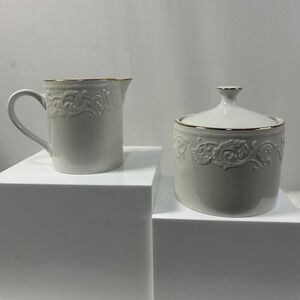 Farberware Calais Creamer & Sugar Bowl Set‎ Stoneware 22K Gold Band 38